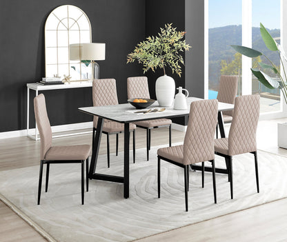 Carson White Marble Effect Dining Table & 6 Milan Black Leg Chairs