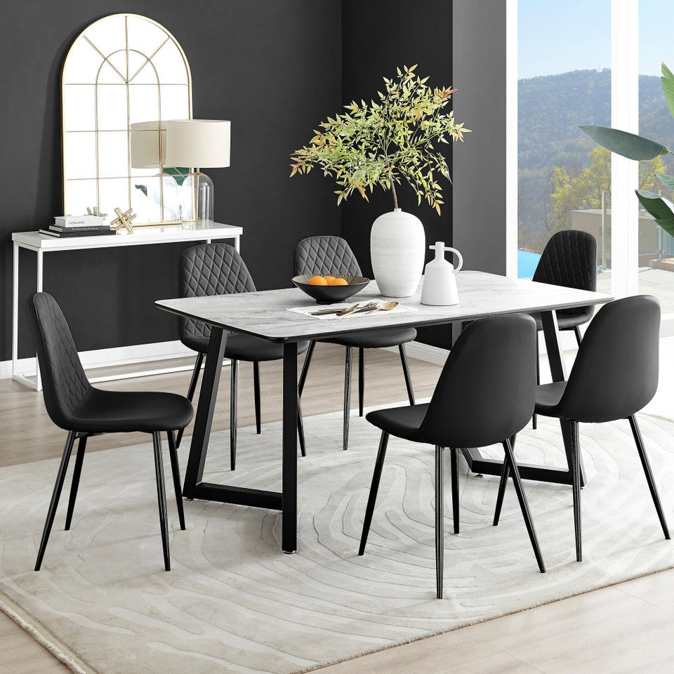 Carson White Marble Effect Dining Table & 6 Corona Black Leg Chairs