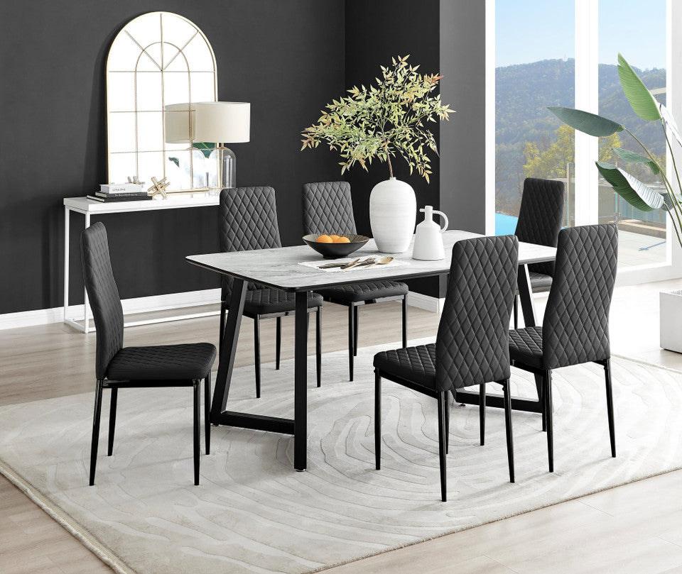 Carson White Marble Effect Dining Table & 6 Milan Black Leg Chairs