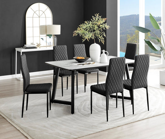 Carson White Marble Effect Dining Table & 6 Milan Black Leg Chairs