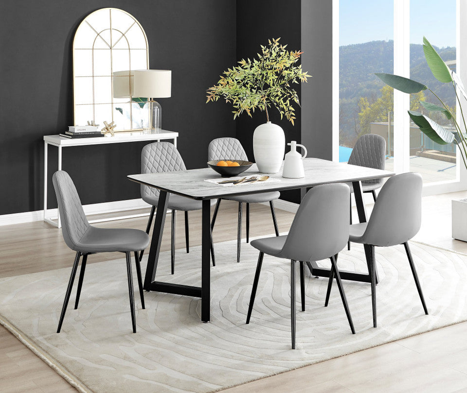 Carson White Marble Effect Dining Table & 6 Corona Black Leg Chairs