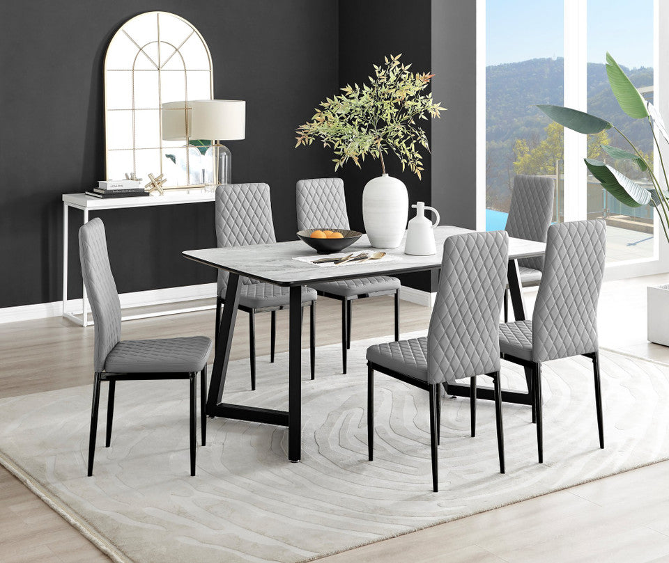 Carson White Marble Effect Dining Table & 6 Milan Black Leg Chairs