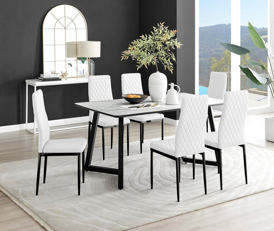 Carson White Marble Effect Dining Table & 6 Milan Black Leg Chairs