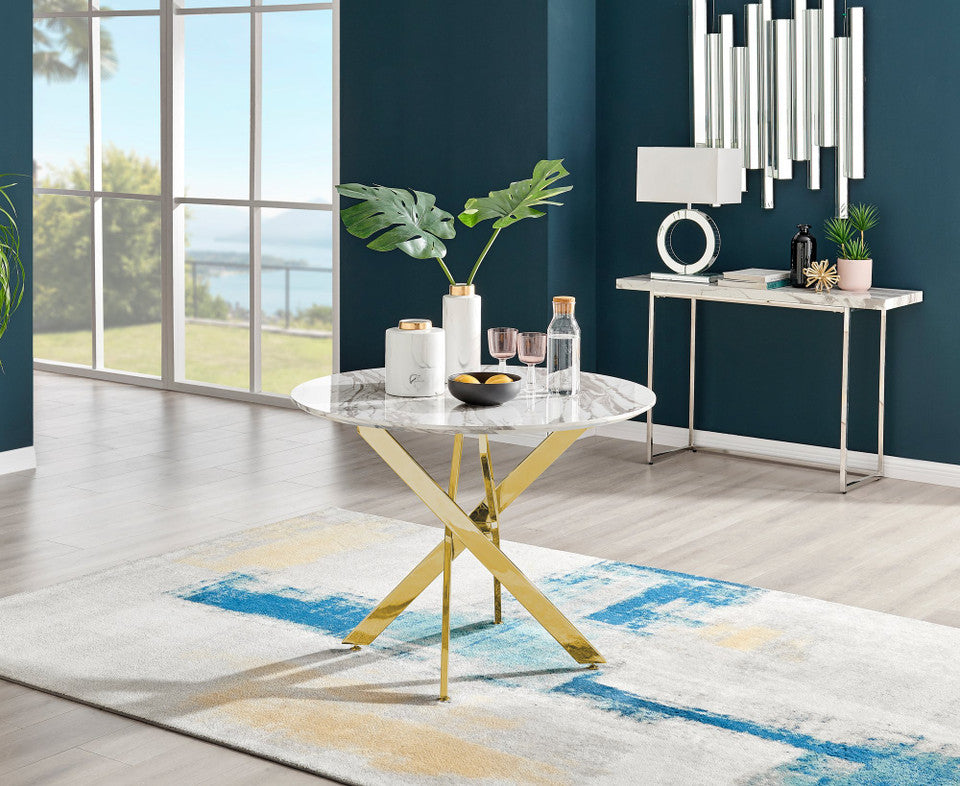 Novara White Marble Gold Leg Round Dining Table & 4 Corona Gold Leg Chairs