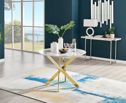 Novara White Marble Gold Leg Round Dining Table & 4 Corona Gold Leg Chairs