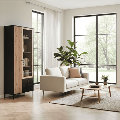 Clifton Slatted Artisan Oak Effect And Black 2 Door Display Cabinet