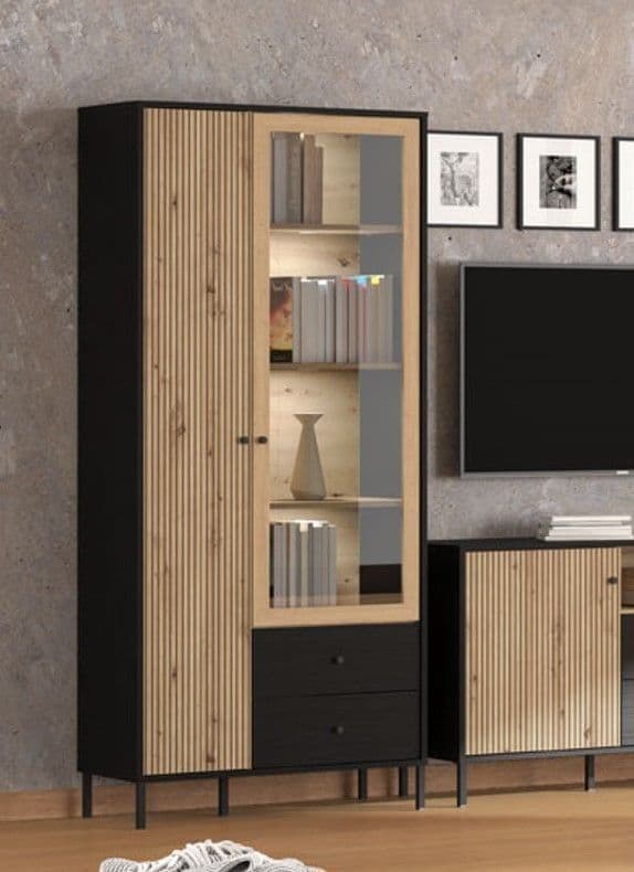 Clifton Slatted Artisan Oak Effect And Black 2 Door Display Cabinet