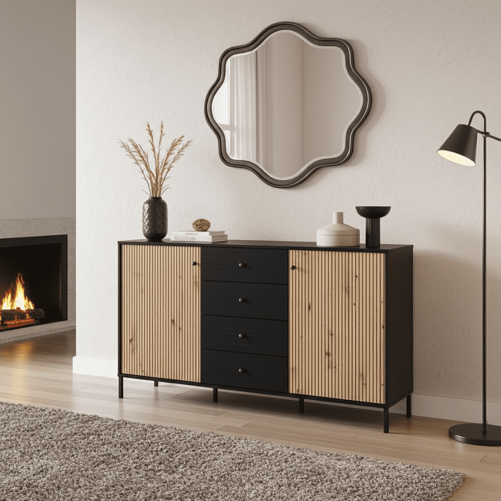 Clifton Slatted Artisan Oak Effect And Black Sideboard