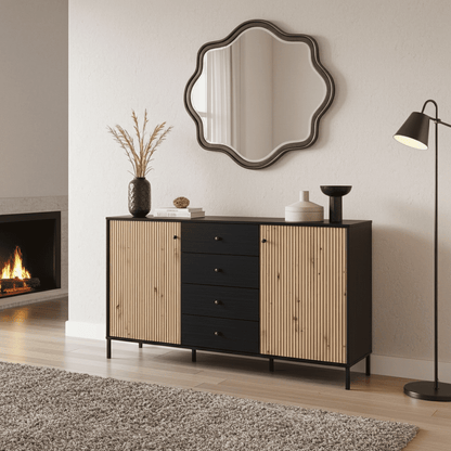 Clifton Slatted Artisan Oak Effect And Black Sideboard
