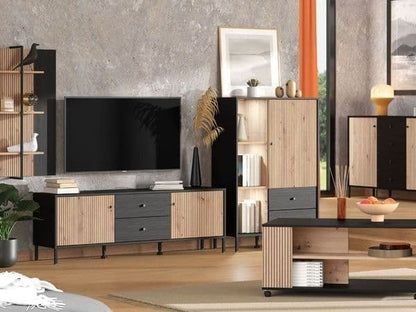 Clifton Slatted Artisan Oak Effect Black Low Display Cabinet
