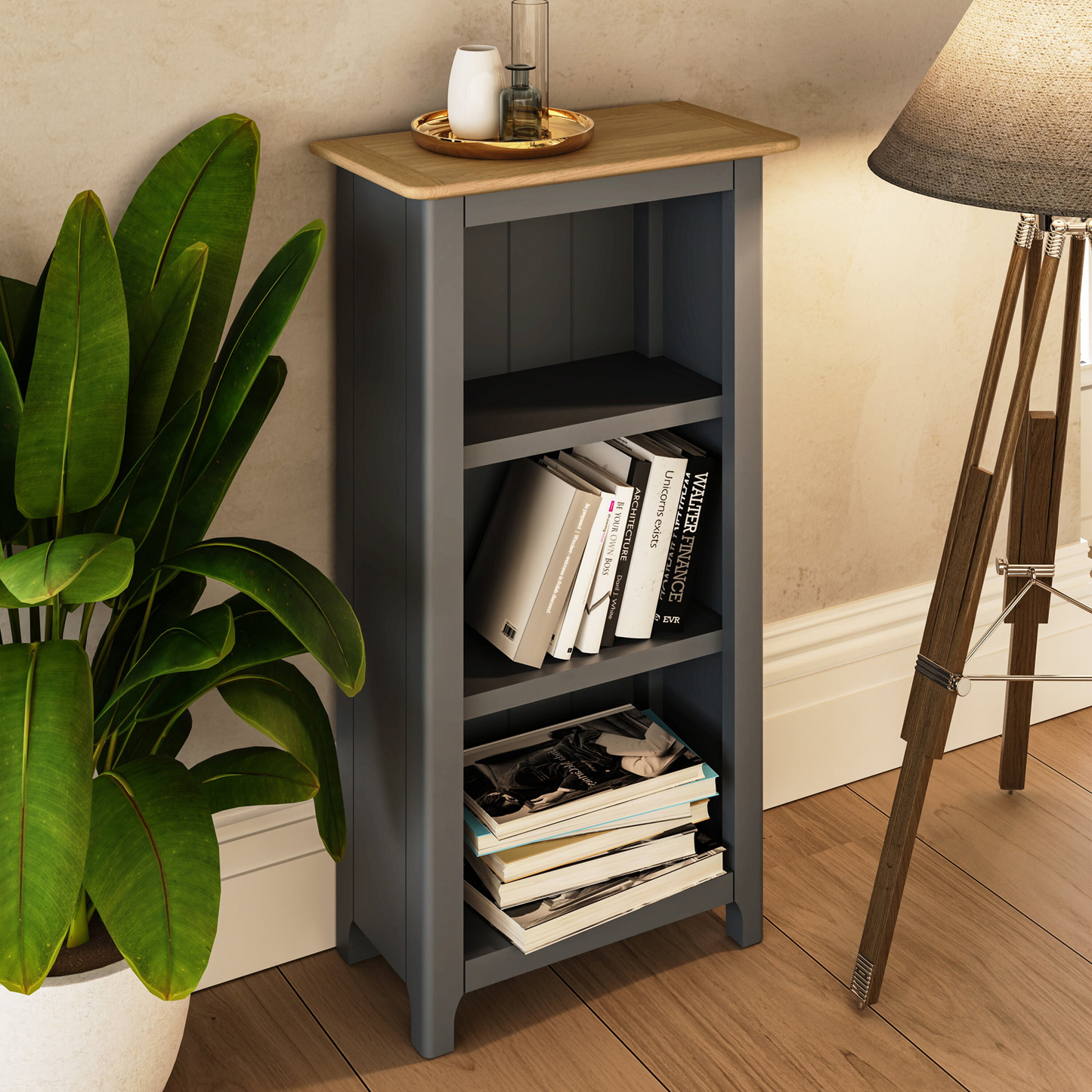 Taberno Oak 3-Tier Bookcase – Graphite Blue