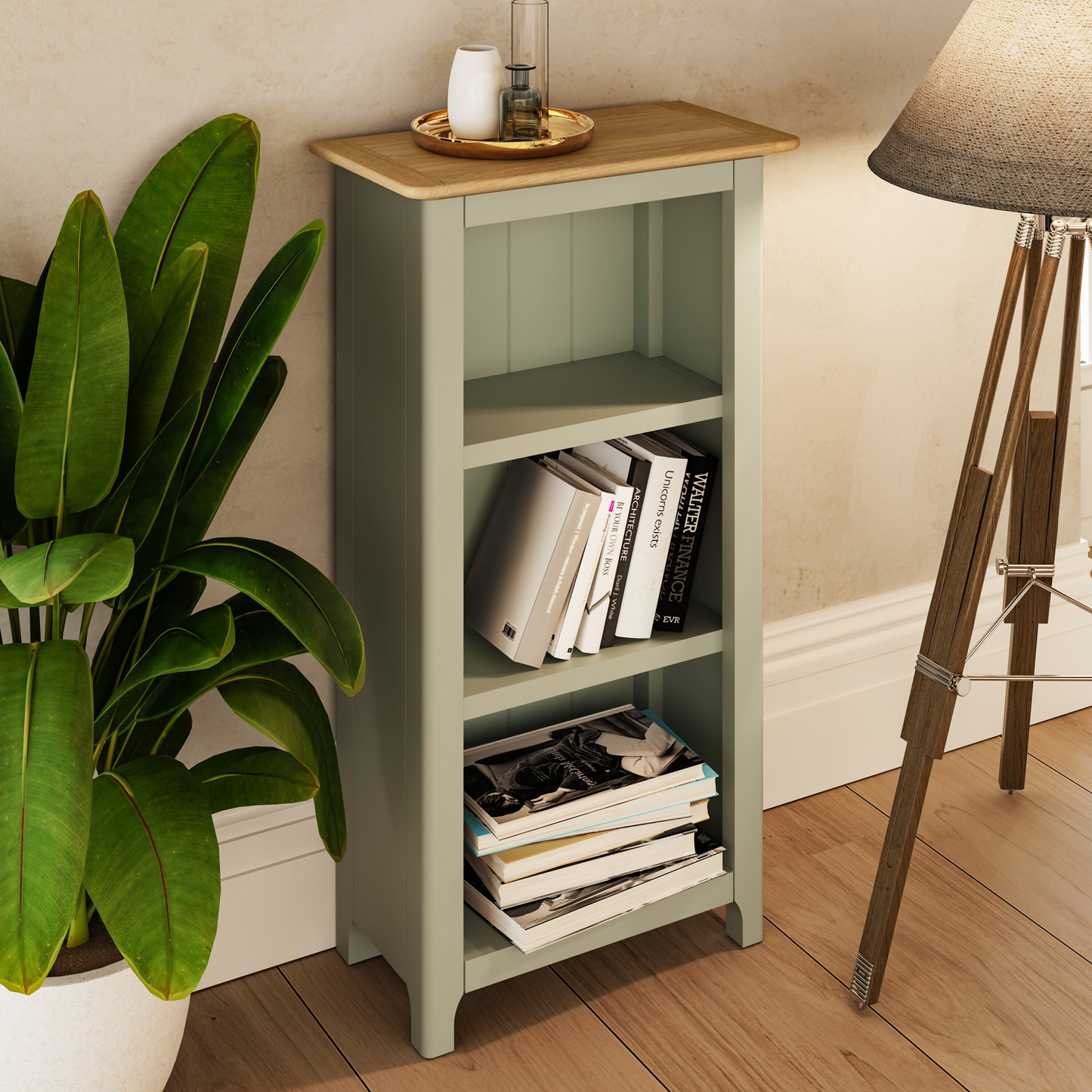 Taberno Oak 3-Tier Bookcase – Sage Green