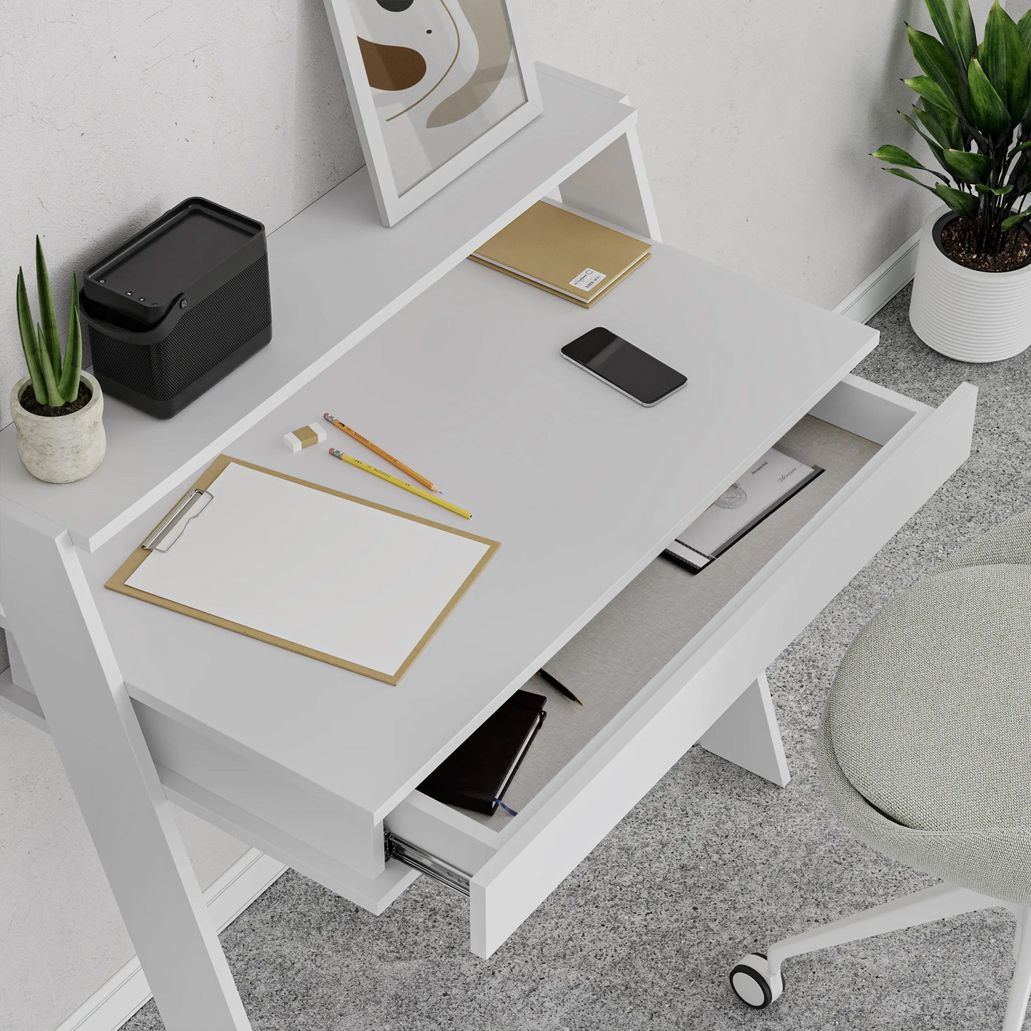 Cowork Modern Wall-Mounted Desk with Drawer – White 94cm