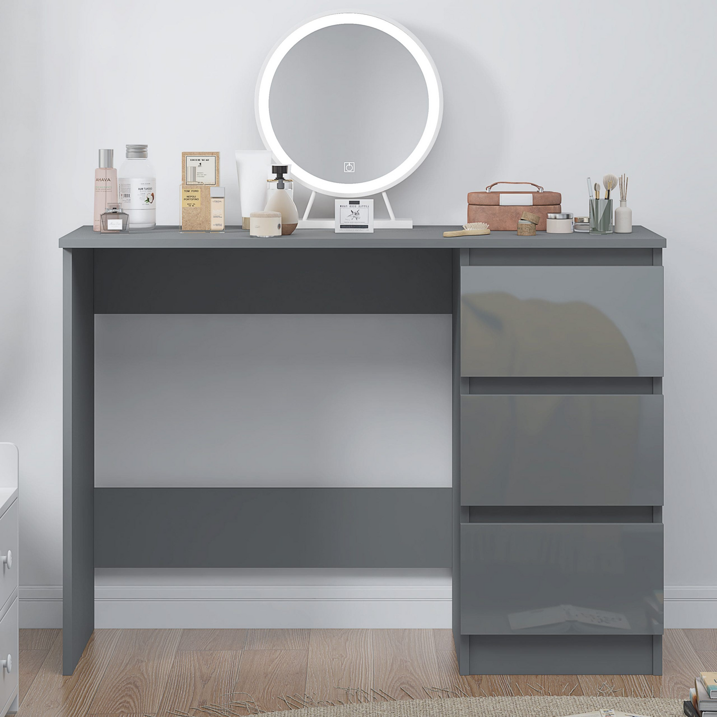FWStyle Stora 3-Drawer Dressing Table – Grey Gloss Front