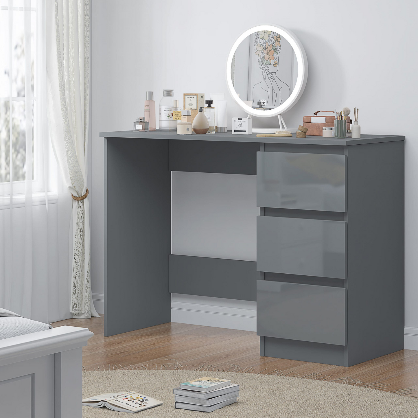 FWStyle Stora 3-Drawer Dressing Table – Grey Gloss Front