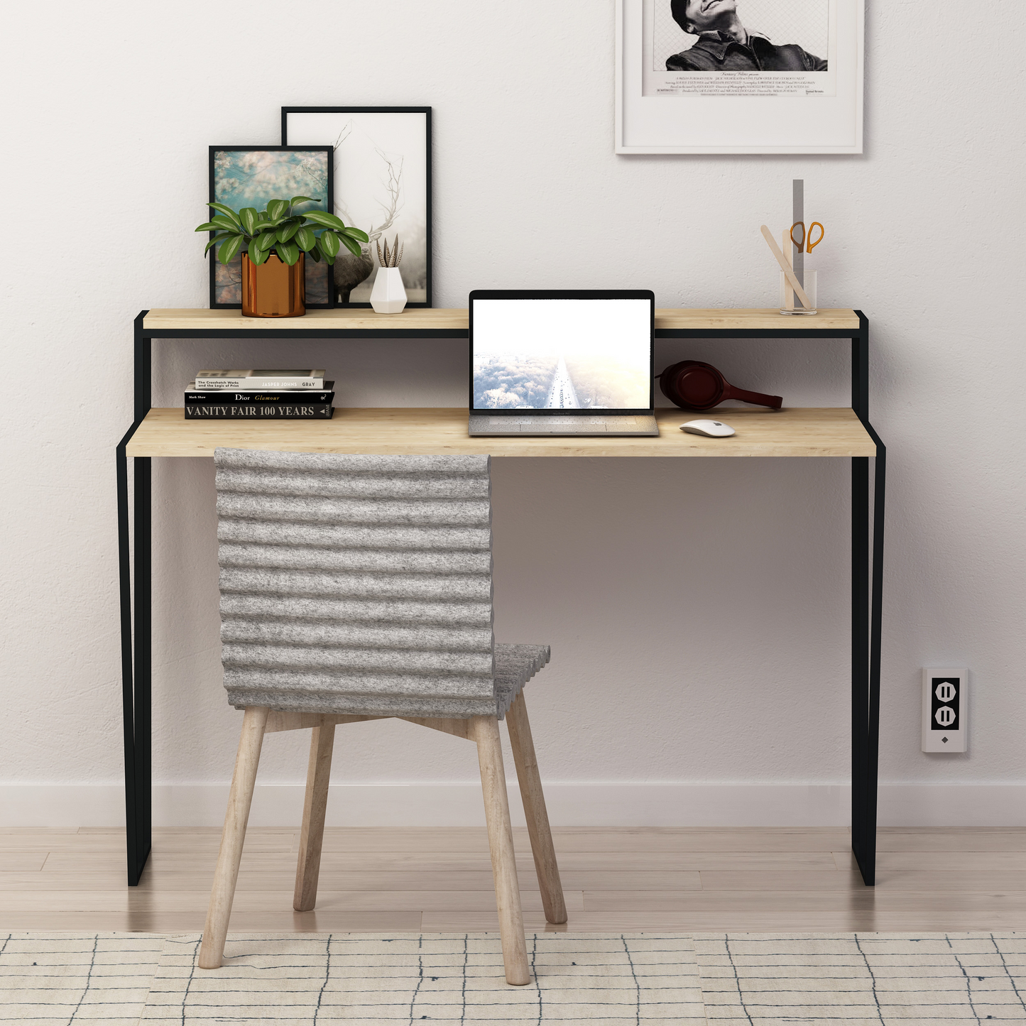 Pal Modern Study Desk Oak with Monitor Stand – 124cm Wide