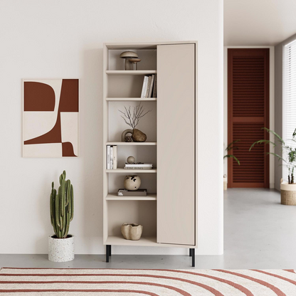 Frem Curved 5-Tier Tall Bookcase with 1 Door – Sandstone 175.5 cm