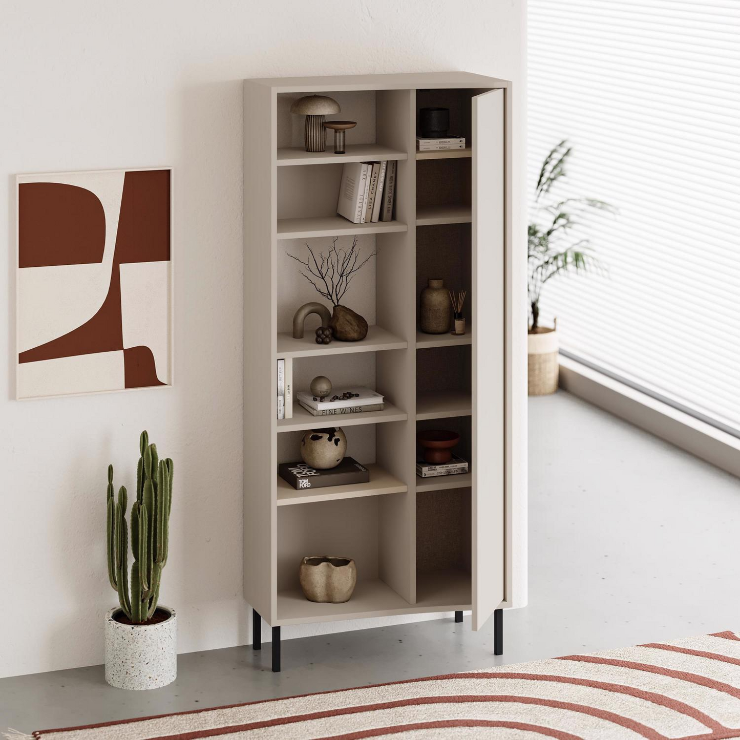 Frem Curved 5-Tier Tall Bookcase with 1 Door – Sandstone 175.5 cm