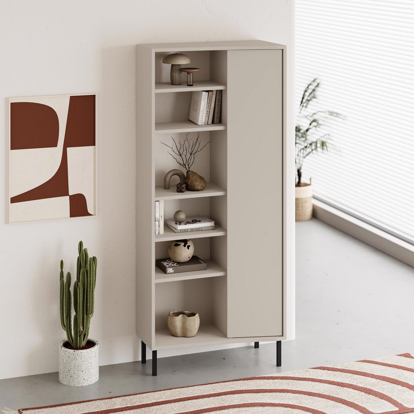 Frem Curved 5-Tier Tall Bookcase with 1 Door – Sandstone 175.5 cm