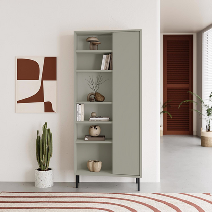 Frem Curved 5-Tier Tall Bookcase with 1 Door – Ash Green 175.5 cm