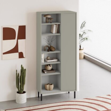 Frem Curved 5-Tier Tall Bookcase with 1 Door – Ash Green 175.5 cm