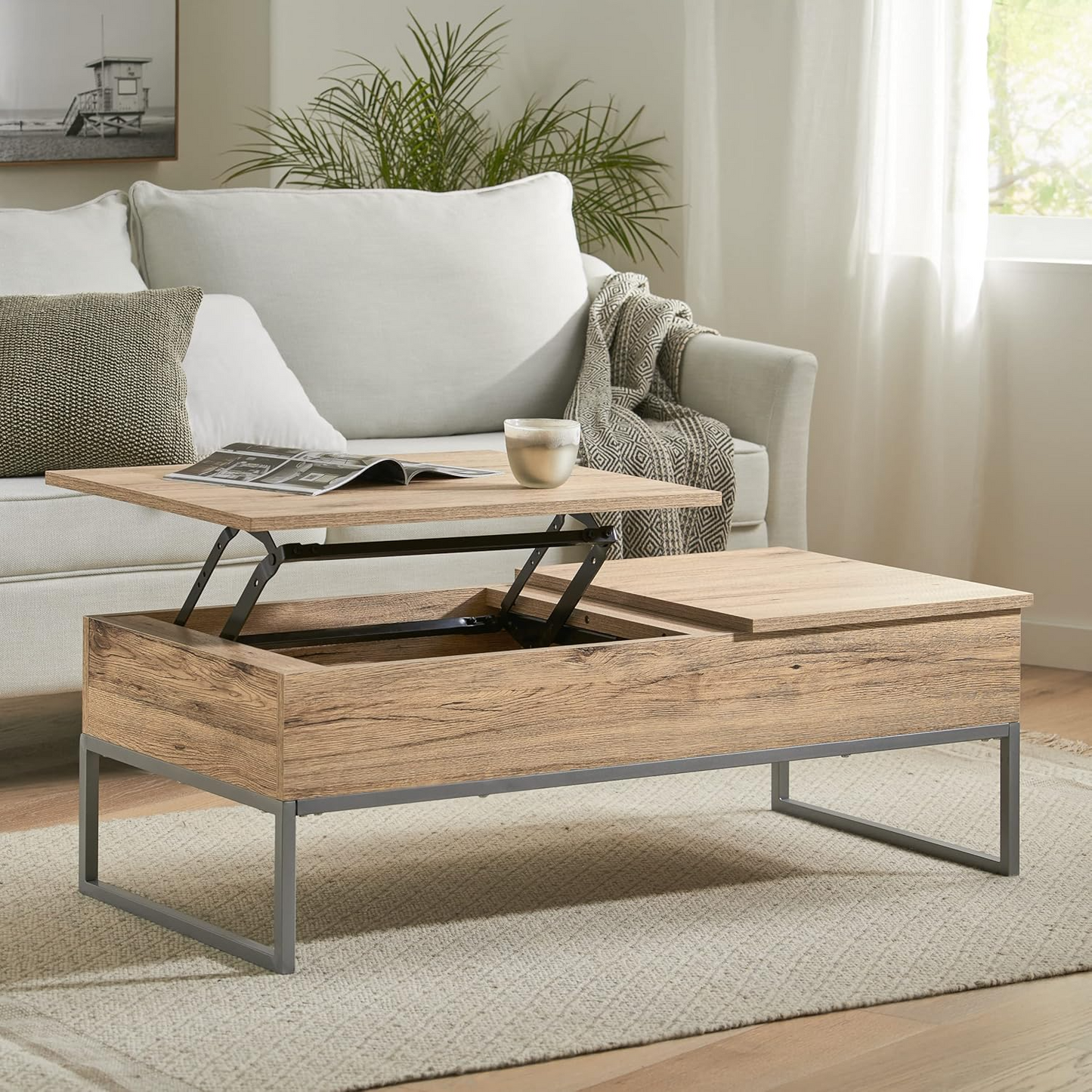 Light Oak Lift Up Storage Coffee Table with 2 Lift Panels