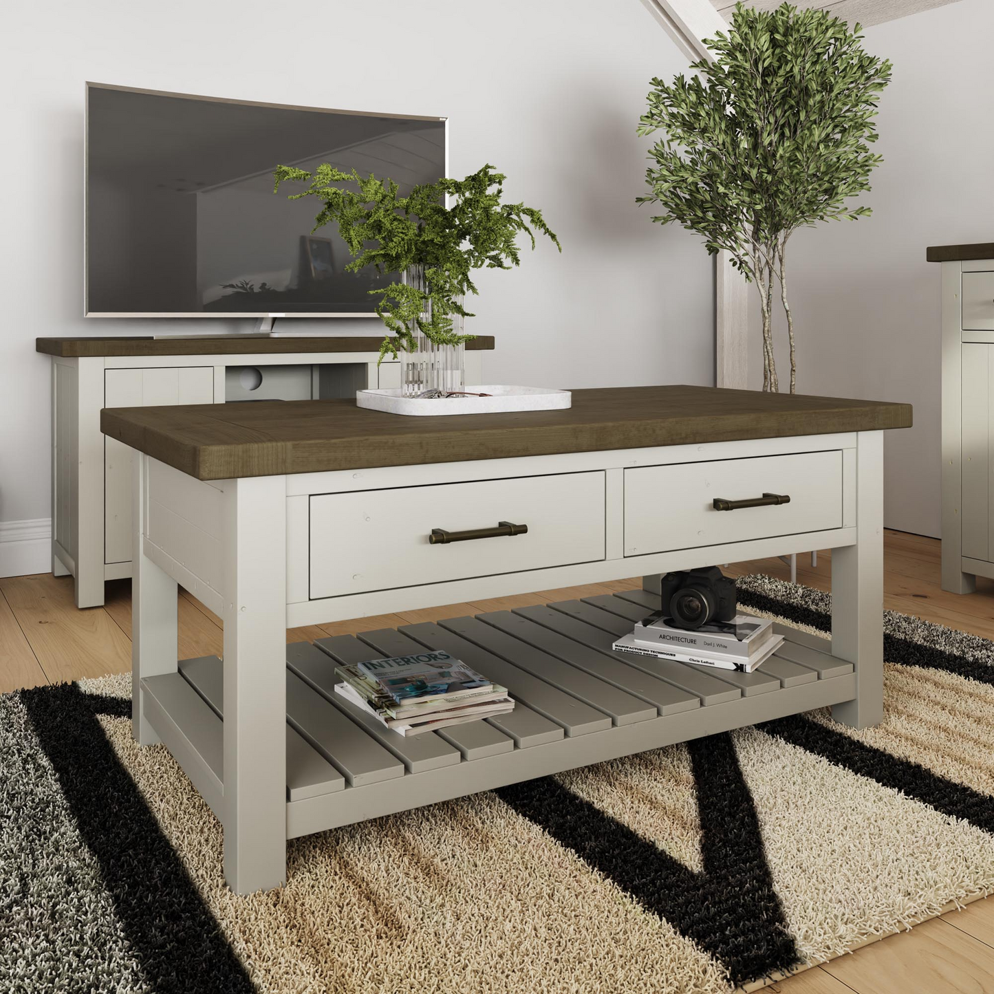 Purbeck Truffle 2 Drawer Coffee Table – Reclaimed Pine, Driftwood & Truffle Finish