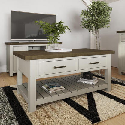 Purbeck Truffle 2 Drawer Coffee Table – Reclaimed Pine, Driftwood & Truffle Finish