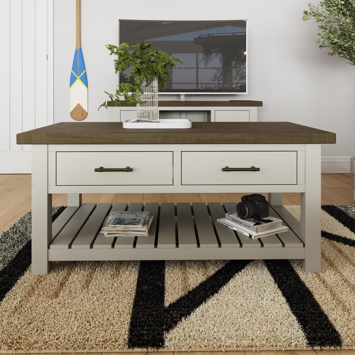 Purbeck Truffle 2 Drawer Coffee Table – Reclaimed Pine, Driftwood & Truffle Finish