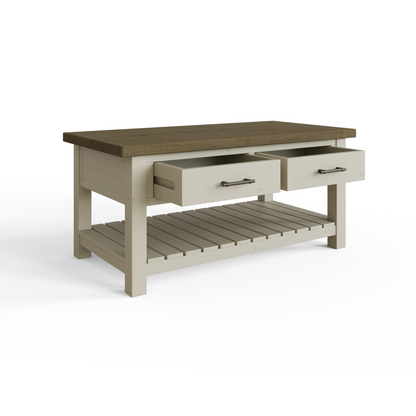 Purbeck Truffle 2 Drawer Coffee Table – Reclaimed Pine, Driftwood & Truffle Finish