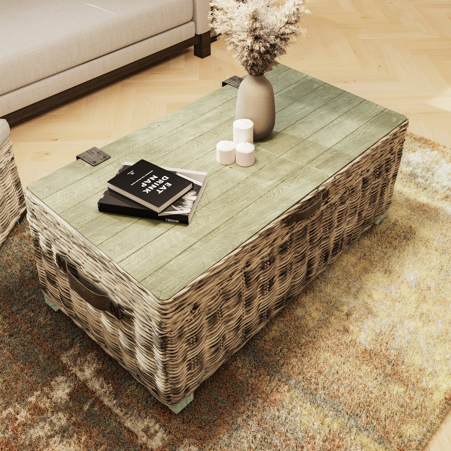 Maya Handmade Kubu Rattan Storage Coffee Table – Limewash Finish