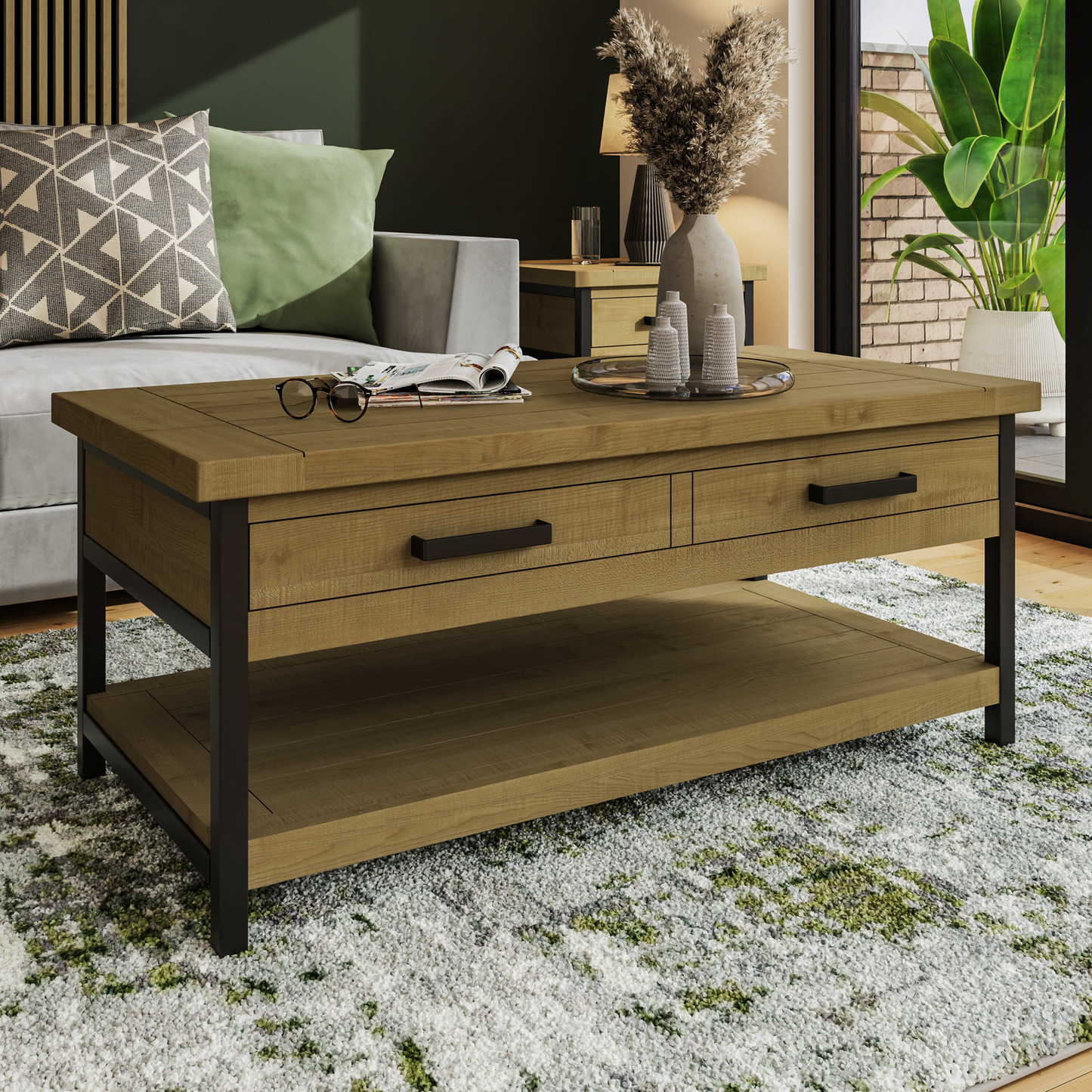 Lowry 2 Drawer Coffee Table – Driftwood Lacquered Solid Reclaimed Pine