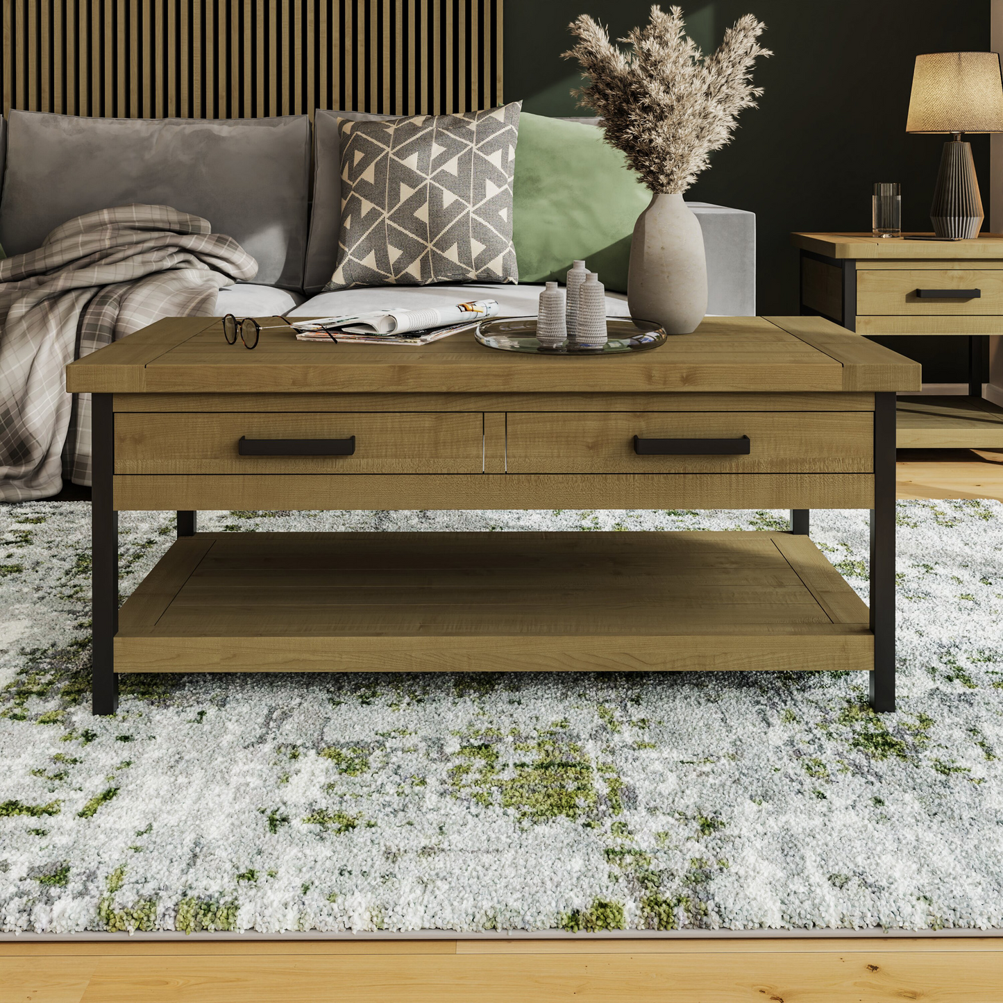 Lowry 2 Drawer Coffee Table – Driftwood Lacquered Solid Reclaimed Pine