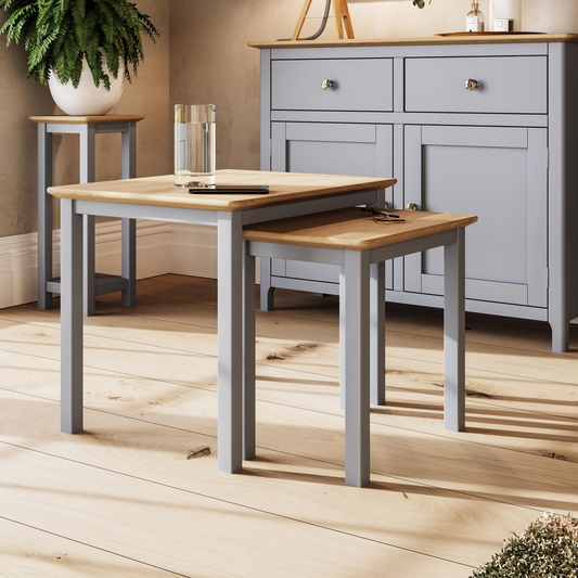 Taberno Oak Nest of 2 Tables – Dove Grey Painted Base