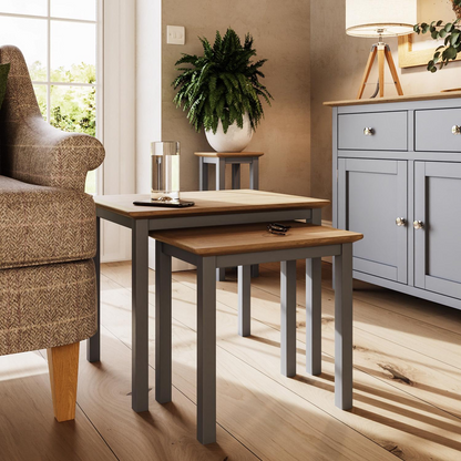 Taberno Oak Nest of 2 Tables – Dove Grey Painted Base