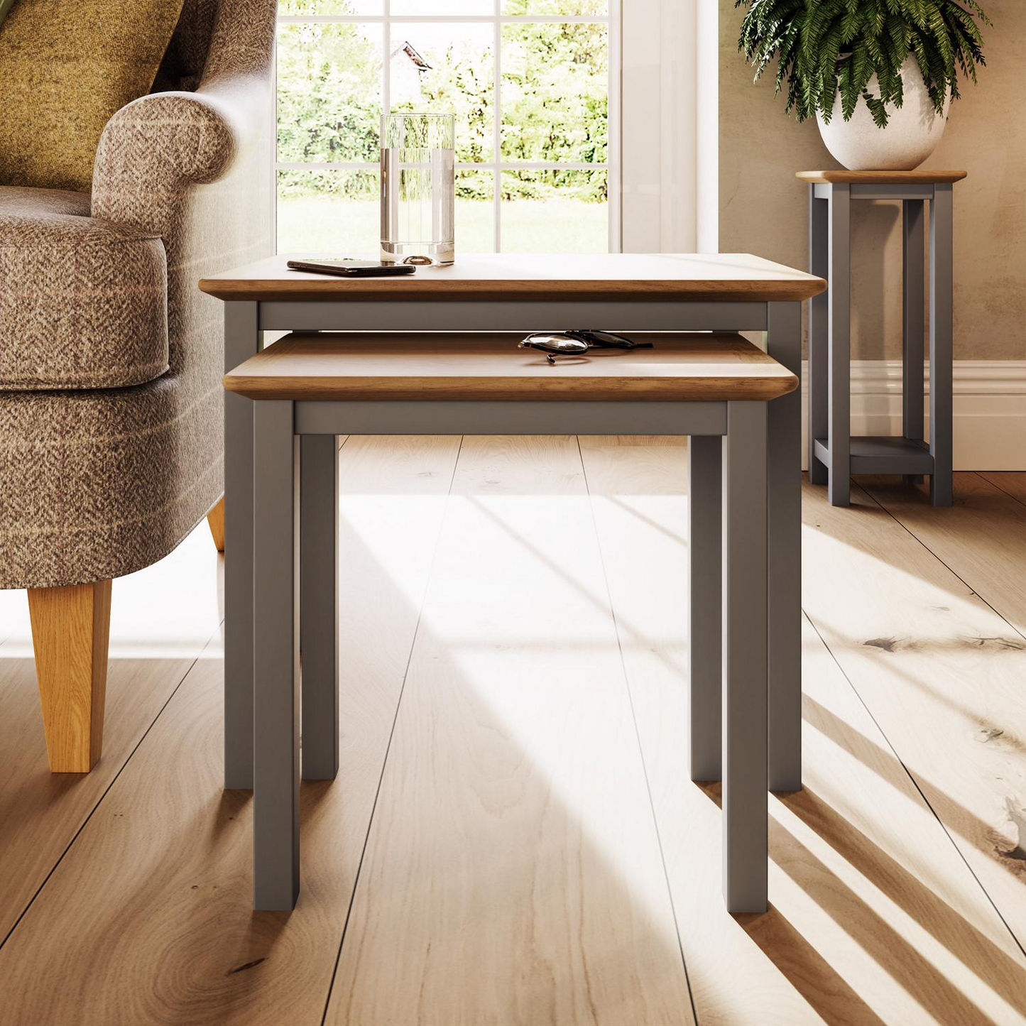 Taberno Oak Nest of 2 Tables – Dove Grey Painted Base