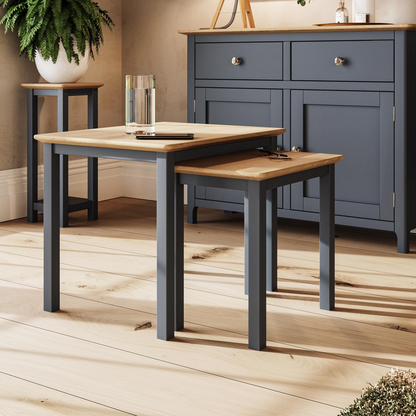 Taberno Oak Nest of 2 Tables – Graphite Blue Painted Base