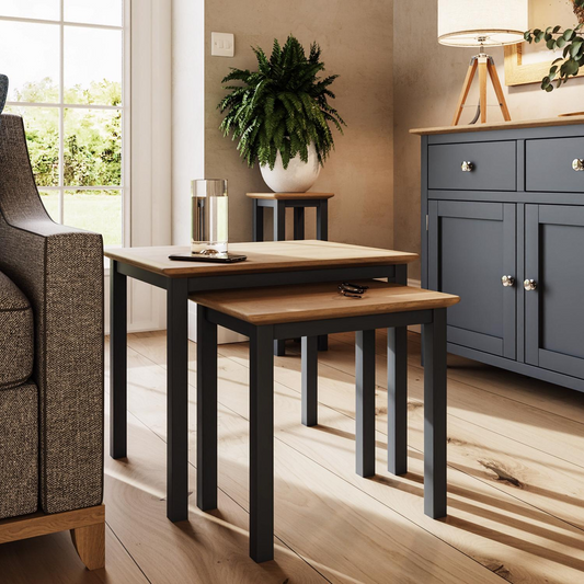 Taberno Oak Nest of 2 Tables – Graphite Blue Painted Base