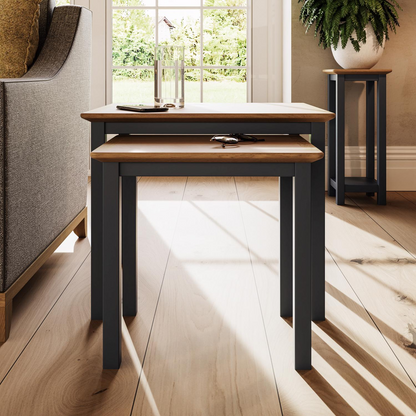 Taberno Oak Nest of 2 Tables – Graphite Blue Painted Base