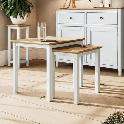 Taberno Oak Nest of 2 Tables – Linen White Painted Base