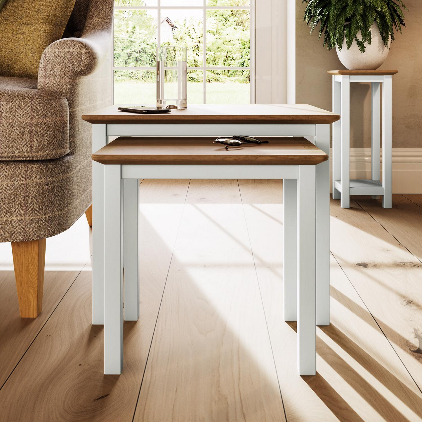 Taberno Oak Nest of 2 Tables – Linen White Painted Base