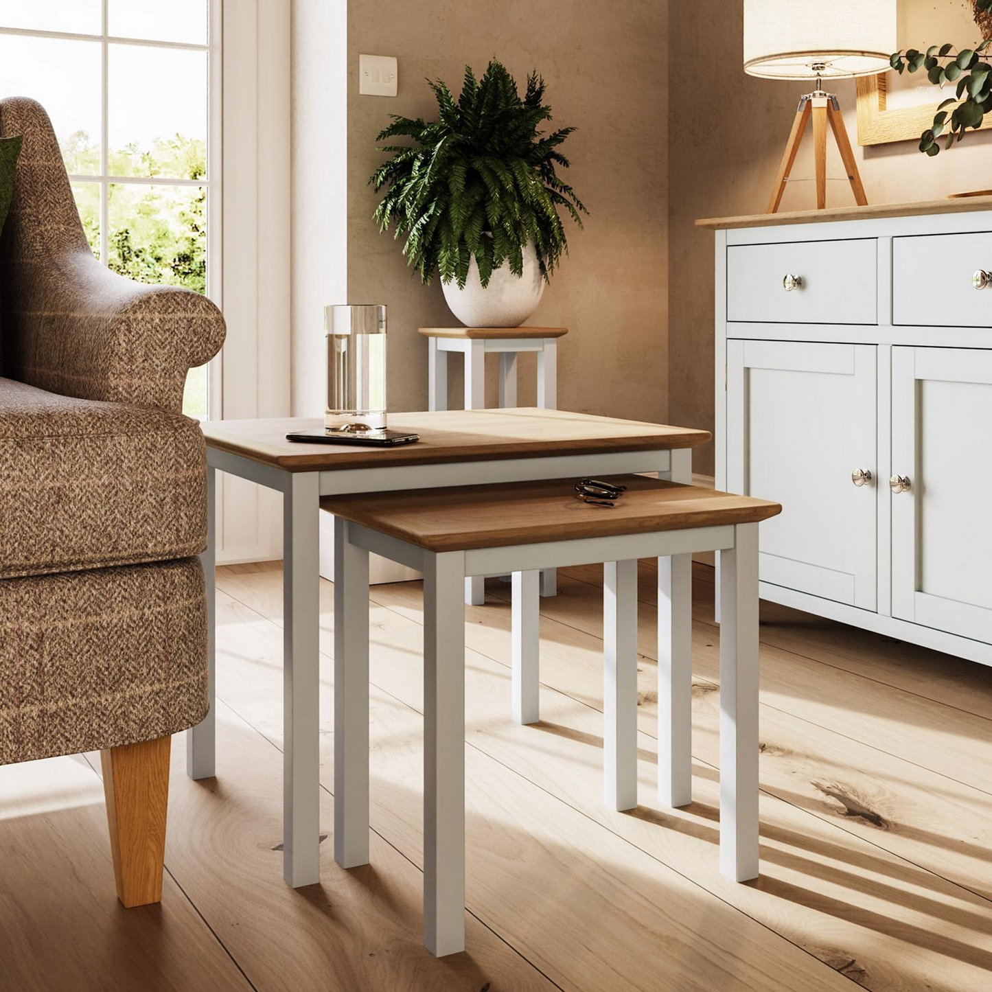 Taberno Oak Nest of 2 Tables – Linen White Painted Base