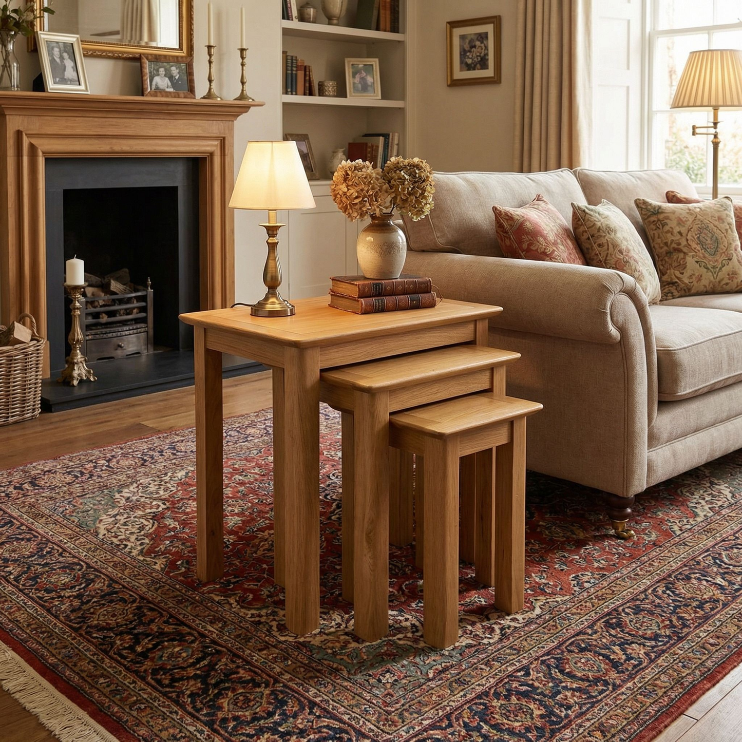 Taberno Oak Assembled Nest of 3 Tables – Natural Lacquer Finish