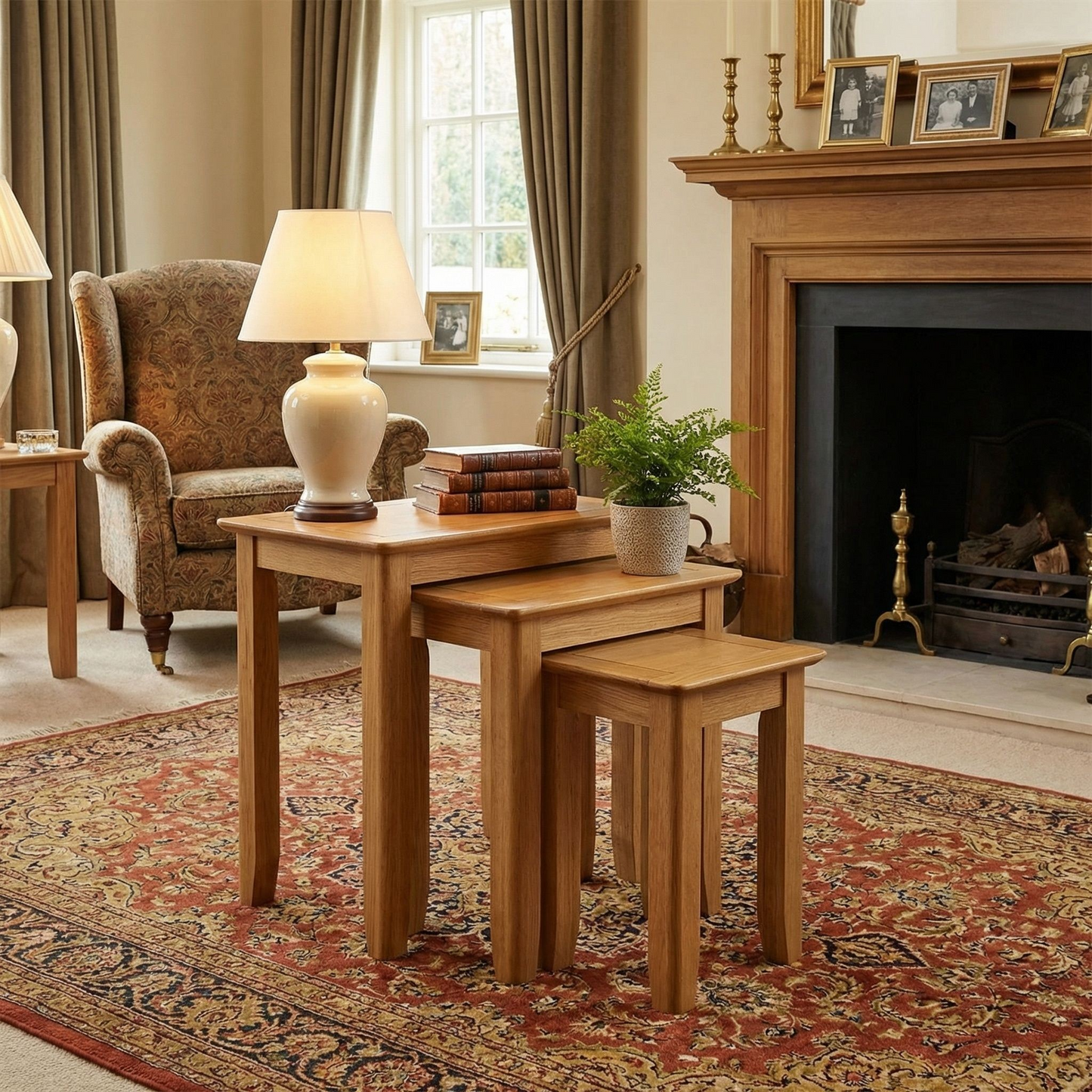 Taberno Oak Assembled Nest of 3 Tables – Natural Lacquer Finish