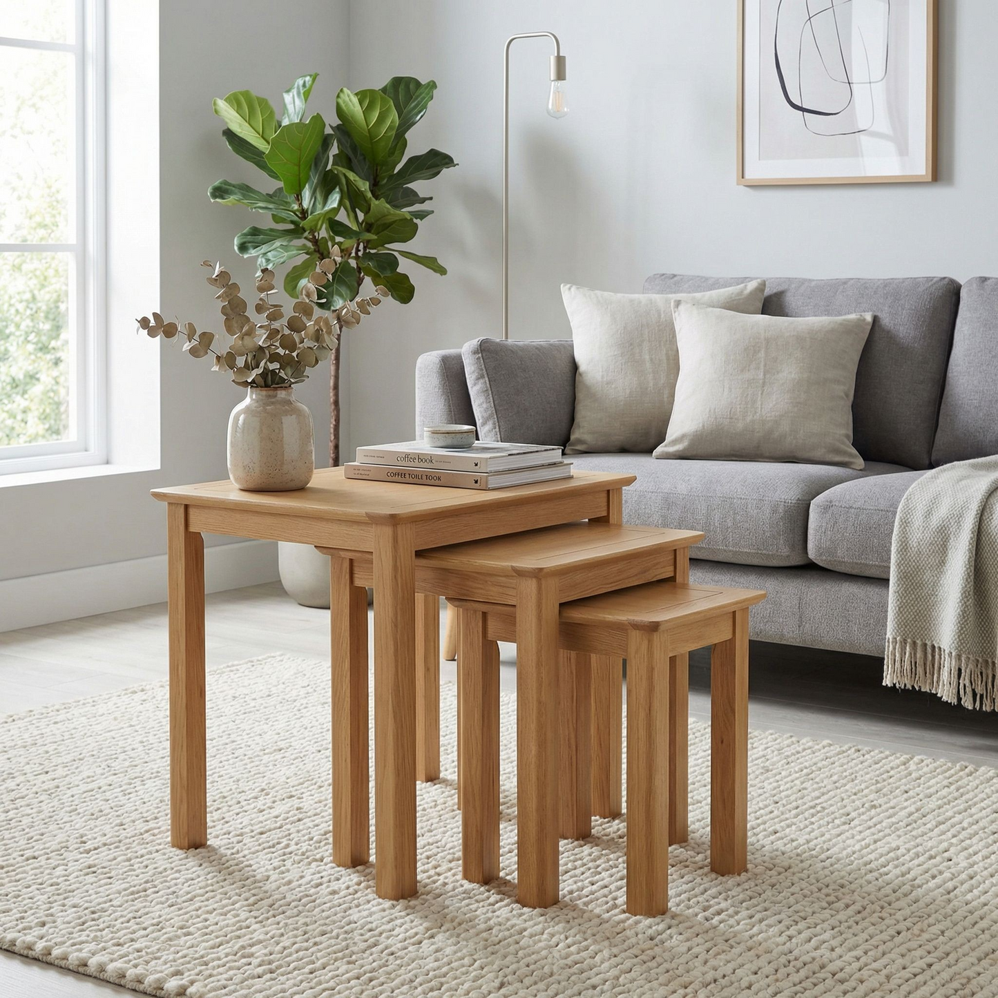 Taberno Oak Assembled Nest of 3 Tables – Natural Lacquer Finish