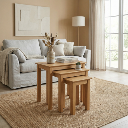 Taberno Oak Assembled Nest of 3 Tables – Natural Lacquer Finish