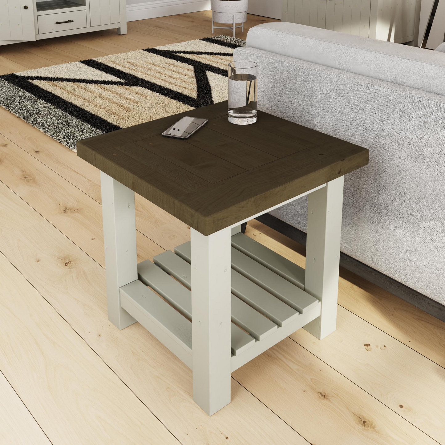 Purbeck Truffle End Side Table – Solid Reclaimed Pine, Driftwood & Truffle Finish