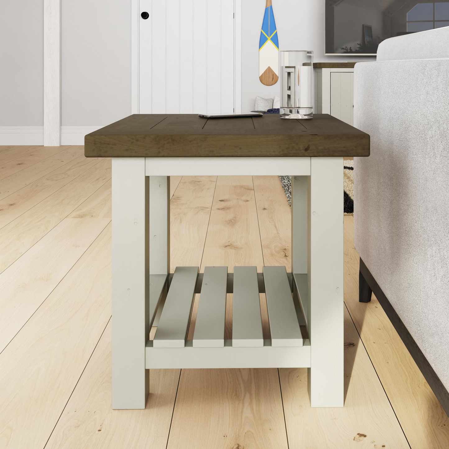 Purbeck Truffle End Side Table – Solid Reclaimed Pine, Driftwood & Truffle Finish