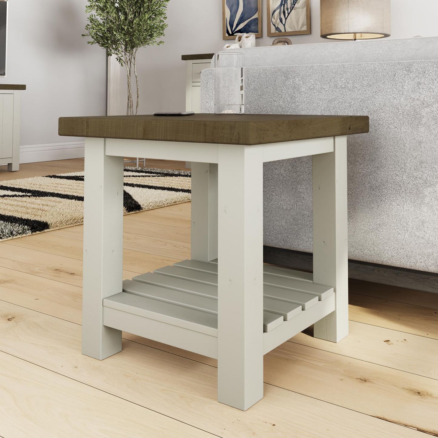 Purbeck Truffle End Side Table – Solid Reclaimed Pine, Driftwood & Truffle Finish