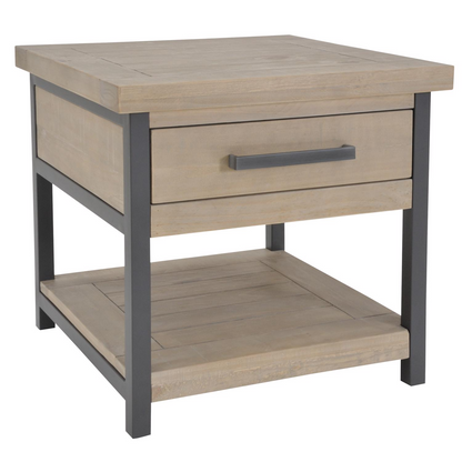 Lowry 1 Drawer Side Table – Driftwood Lacquered Solid Reclaimed Pine
